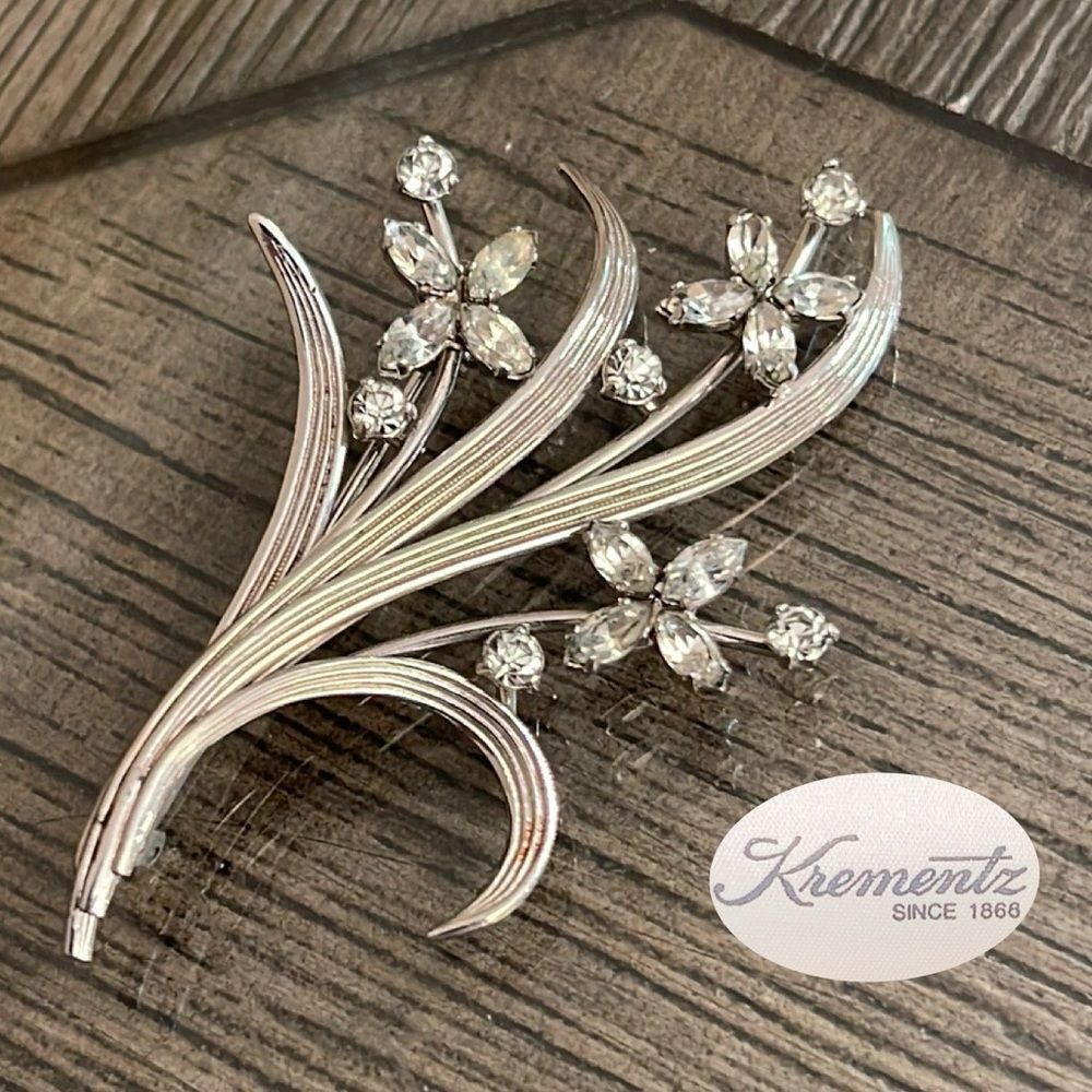 Antique Signed Krementz Silver-Tone Clear Rhinestone Floral Brooch Pin